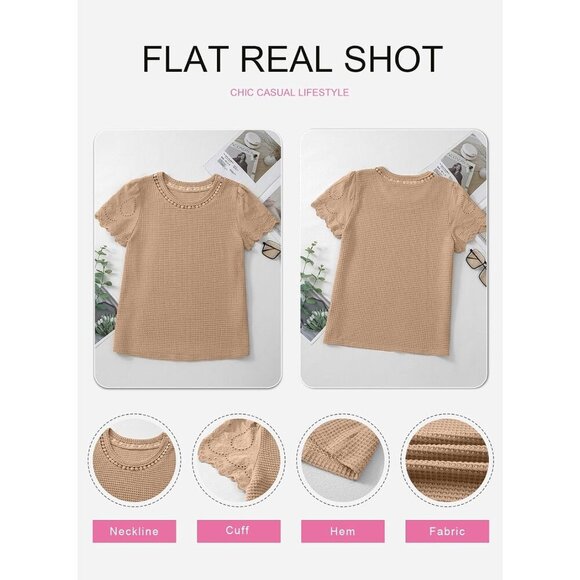 Womens Casual Summer Waffle Knit Blouse Short Sleeve Embroidered Top - Picture 8 of 8